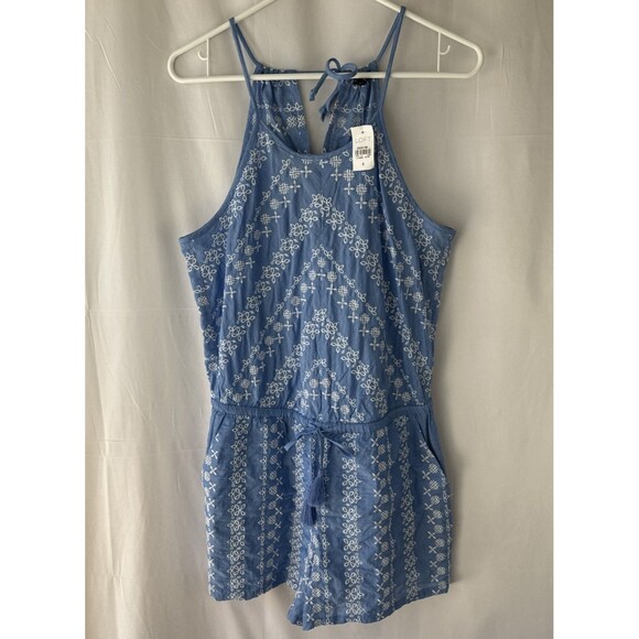 LOFT Romper Jumpsuit Women’s Sz Small Blue White Embroidered Halter Chambray NWT - Picture 1 of 13